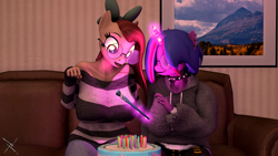 Size: 3840x2160 | Tagged: safe, artist:nightmarezoroark, oc, oc only, oc:midnight sparkle, oc:ze, anthro, 3d, birthday, cake, couch, female, food, high res, size difference, source filmmaker