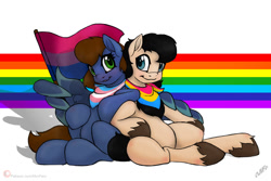 Size: 1200x800 | Tagged: safe, artist:miniferu, oc, oc only, oc:chug-a-lug, oc:patty thundersnow, earth pony, pegasus, pony, bisexual pride flag, female, flag, gay, gay pride flag, male, pansexual pride flag, pride, pride flag, simple background, transgender, transgender pride flag, white background