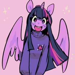 Size: 2000x2000 | Tagged: safe, artist:squilko, twilight sparkle, alicorn, anthro, g4, clothes, cute, cutie mark on clothes, female, high res, long hair, looking at you, open mouth, open smile, partially open wings, pink background, simple background, smiling, smiling at you, solo, sparkles, sweater, turtleneck, twiabetes, twilight sparkle (alicorn), wings