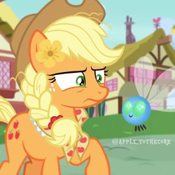 Size: 1080x1080 | Tagged: safe, artist:apple.tothecore, applejack, earth pony, parasprite, pony, g4, chimney, clothes, cloud, eye wrinkles, female, flower, flower in hair, flying, freckles, frown, granny smith's shawl, grass, house, mare, older, older applejack, outdoors, ponyville, raised hoof, scarf, sky, smiling, tree, window, wrinkles