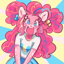 Size: 2000x2000 | Tagged: safe, artist:squilko, pinkie pie, earth pony, anthro, g4, alternate design, clothes, cutie mark on clothes, high res, open mouth, open smile, smiling, solo, striped background