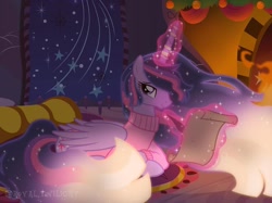 Size: 1080x808 | Tagged: safe, artist:90sigma, artist:blackgryph0n, artist:estories, artist:fennrick, artist:royal.twilight, twilight sparkle, alicorn, pony, g4, the last problem, clothes, ethereal mane, female, fireplace, glowing, glowing horn, gradient mane, hearth's warming eve, horn, horn ring, lying down, magic, mare, older, older twilight, older twilight sparkle (alicorn), princess twilight 2.0, prone, quill, ring, scroll, solo, stained glass, sweater, telekinesis, twilight sparkle (alicorn), writing