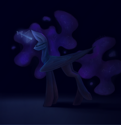 Size: 2700x2800 | Tagged: safe, artist:anastas, princess luna, alicorn, pony, g4, blue coat, blushing, constellation, constellation hair, dark background, ethereal mane, ethereal tail, eyelashes, eyes closed, folded wings, high res, large wings, magic, purple mane, purple tail, quadrupedal, raised hoof, raised leg, redraw, simple background, solo, standing, starry mane, stars, sternocleidomastoid, tail, wings