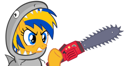 Size: 1864x968 | Tagged: safe, artist:mlpfan3991, oc, oc only, oc:flare spark, pony, shark, g4, angry, chainsaw, clothes, female, hoodie, shark week, sharknado, simple background, solo, white background