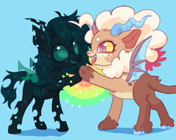 Size: 2048x1631 | Tagged: safe, artist:squilko, oc, oc only, changeling, draconequus, changeling oc, draconequus oc, duo, hoofbump