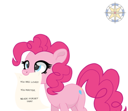 Size: 2300x2000 | Tagged: safe, artist:r4hucksake, pinkie pie, earth pony, pony, g4, female, high res, mare, mouth hold, paper, positive ponies, sign, simple background, solo, support, text, transparent background