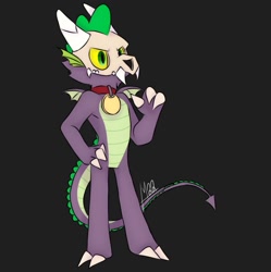 Size: 1249x1252 | Tagged: safe, artist:louarthur8, spike, oc, oc only, dragon, hybrid, titan, anthro, digitigrade anthro, spoiler:the owl house, black background, collar, crossover, crossover fusion, fusion, fusion:king clawthorne, fusion:spike, king clawthorne, male, mask, pet tag, signature, simple background, solo, spoilers for another series, the owl house, winged spike, wings