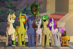 Size: 2560x1719 | Tagged: safe, artist:chevapchichi_, oc, oc:ambush, oc:drake, oc:fire storm, oc:pebbles, oc:pintle hook, oc:vil, oc:winty wondbolt, oc:xara, alicorn, earth pony, pony, unicorn, zebra, ashes town, fallout equestria, alicorn oc, amputee, artificial alicorn, augmented, canterlot ghoul, earth pony oc, eyepatch, female, green alicorn (fo:e), gritted teeth, height difference, horn, looking at you, male, mare, pink cloud (fo:e), pipbuck, prosthetic horn, prosthetic leg, prosthetic limb, prosthetics, radiation suit, smiling, smiling at you, stallion, sternocleidomastoid, teeth, unicorn oc, wings, zebra oc