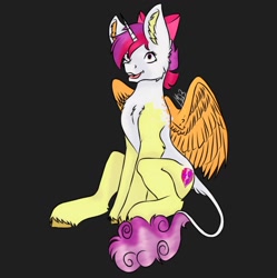 Size: 1249x1252 | Tagged: safe, artist:louarthur8, apple bloom, scootaloo, sweetie belle, oc, oc only, alicorn, pony, g4, black background, bow, chest fluff, cutie mark crusaders, ear fluff, female, fusion, fusion:apple bloom, fusion:scootaloo, fusion:sweetie belle, fusion:sweetiebloomaloo, hair bow, leonine tail, mare, signature, simple background, sitting, smiling, solo, tail, the cmc's cutie marks, the ultimate cutie mark crusader, this will end in tears and/or death and/or covered in tree sap, unshorn fetlocks, we have become one, what has magic done, what has science done, xk-class end-of-the-world scenario