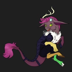 Size: 1249x1252 | Tagged: safe, artist:louarthur8, discord, tempest shadow, oc, oc only, draconequus, hybrid, pony, black background, broken horn, chest fluff, fusion, fusion:discord, fusion:tempest shadow, fusion:tempestcord, horn, intersex, nonbinary, signature, simple background, smiling, solo