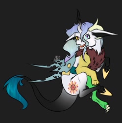 Size: 1249x1252 | Tagged: safe, artist:louarthur8, oc, oc only, alicorn, changeling, changeling queen, draconequus, hybrid, pony, black background, fusion, fusion:discolistia, fusion:discord, fusion:princess celestia, fusion:queen chrysalis, heterochromia, signature, simple background, solo