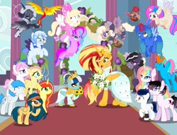 Size: 2048x1566 | Tagged: safe, fluttershy, philomena, sunset shimmer, oc, oc:altersmay earth, oc:shadow lily, oc:star shine, alicorn, bat pony, earth pony, pegasus, pony, unicorn, g4, bow, clothes, colored hooves, colored wings, crown, crying, dress, eyes closed, female, flower, flying, glasses, happy, heterochromia, jewelry, lesbian, looking at each other, looking at someone, male, mare, marriage, necklace, older altersmay earth, planet ponies, ponified, regalia, sunflower, tears of joy, wedding, wedding dress, wings