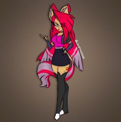 Size: 1249x1252 | Tagged: safe, artist:louarthur8, sunset shimmer, oc, oc only, angel, angel pony, hybrid, moth, mothpony, original species, unicorn, anthro, plantigrade anthro, clothes, crossover, crossover fusion, disguise, disguised angel, ear fluff, exorcist angel, fallen angel, female, fingerless gloves, fusion, fusion:sunset shimmer, fusion:vaggie, fusion:vaggimmer, gloves, gradient background, hand on hip, hazbin hotel, heavenborn, hellaverse, hybrid fusion, missing eye, moth angel, mothpony angel, signature, skirt, solo, vaggie