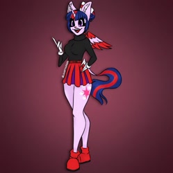 Size: 1249x1252 | Tagged: safe, artist:louarthur8, twilight sparkle, oc, oc only, alicorn, hybrid, anthro, plantigrade anthro, clothes, cuphead, cuphead (character), ear fluff, female, fusion, fusion:cuphead, fusion:twilight sparkle, gradient background, signature, skirt, smiling, solo, twilight sparkle (alicorn)
