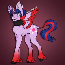 Size: 1249x1252 | Tagged: safe, artist:louarthur8, twilight sparkle, oc, oc only, alicorn, hybrid, pony, clothes, colored wings, cuphead, cuphead (character), female, fusion, fusion:cuphead, fusion:twilight sparkle, gradient background, mare, scarf, signature, smiling, solo, twilight sparkle (alicorn), two toned wings, unshorn fetlocks, wings