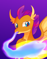 Size: 1304x1621 | Tagged: safe, derpibooru exclusive, smolder, dragon, g4, blue fire, colorful, dragoness, dragonfire, female, fire, gradient background, solo