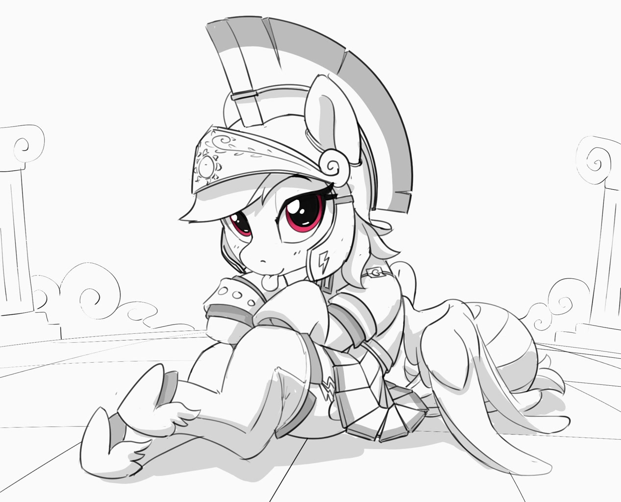 [:p,armor,bedroom eyes,cute,female,grayscale,helmet,looking at you,mare,monochrome,pegasus,pony,rainbow dash,safe,sitting,solo,zettai ryouiki,legionary,tongue out,dashabetes,partial color,artist:pabbley]