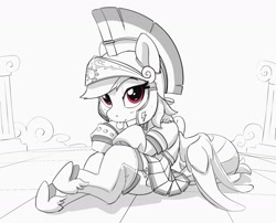 Size: 2020x1632 | Tagged: safe, artist:pabbley, rainbow dash, pegasus, pony, g4, :p, armor, bedroom eyes, cute, dashabetes, female, grayscale, helmet, legionary, looking at you, mare, monochrome, partial color, sitting, solo, tongue out, zettai ryouiki