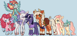 Size: 2048x979 | Tagged: safe, artist:squilko, applejack, fluttershy, pinkie pie, rainbow dash, rarity, twilight sparkle, bat pony, earth pony, pegasus, pony, unicorn, g4, alternate design, alternate universe, applejack's hat, blank flank, blue background, bow, bracelet, braid, braided pigtails, clothes, clown makeup, colored hooves, cowboy hat, ear piercing, earring, eyeshadow, glasses, goggles, goggles on head, group, hat, jewelry, leonine tail, makeup, mane six, piercing, pigtails, redesign, roller skates, saddle, scarf, sextet, simple background, skates, sweater vest, tack, tail, tail bow