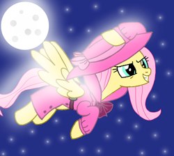 Size: 802x720 | Tagged: safe, artist:cotin2018, fluttershy, pegasus, pony, g4, clothes, detective, fedora, female, flying, hat, mare, moon, night, sky, solo, stars, trenchcoat