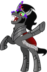 Size: 2206x3397 | Tagged: safe, artist:php178, king sombra, pony, unicorn, g4, season 9, the beginning of the end, .svg available, antagonist, armor, armored pony, bipedal, black mane, black tail, cape, chestplate, clothes, colored horn, crown, curved horn, cute, cute face, eye mist, fangs, flowing hair, flowing mane, flowing tail, glowing, glowing eyes, glowing horn, happy, happy face, high res, horn, inkscape, jewelry, looking down, magic, male, mist, raised hoof, raised leg, red eyes, regalia, royalty, scene interpretation, sharp teeth, show accurate, sideburns, simple background, slit pupils, smiling, smoke, solo, sombra eyes, sombra horn, sombradorable, speaker, stallion, standing, svg, tail, talking, teeth, telekinesis, transparent background, vector