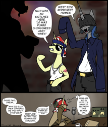 Size: 2340x2737 | Tagged: safe, artist:razzy, idw, flam, flim, king sombra, g4, brothers, comic, disguise, flim flam brothers, gangster, glasses, good king sombra, high res, male, mirror universe, necktie, siblings