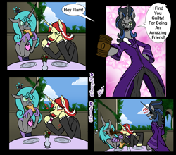 Size: 2843x2500 | Tagged: safe, artist:razzy, idw, flam, king sombra, queen chrysalis, changedling, changeling, pony, unicorn, g4, alternate universe, clothes swap, coffee, comic, flambra, food, gay, good king sombra, high res, judge, male, mirror universe, reversalis, sandwich, shipping