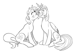 Size: 1911x1302 | Tagged: safe, artist:daisanfar, sunset shimmer, twilight sparkle, alicorn, pony, equestria girls, g4, blushing, cheek kiss, crown, duo, duo female, eyes closed, female, folded wings, grayscale, horn, jewelry, kissing, lesbian, mare, monochrome, one eye closed, regalia, ship:sunsetsparkle, shipping, simple background, sitting, smiling, tail, twilight sparkle (alicorn), white background, wings, wink