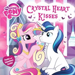 Size: 2560x2556 | Tagged: safe, princess cadance, princess flurry heart, shining armor, alicorn, crystal pony, pony, unicorn, g4, official, baby, book, book cover, cover, crystal heart kisses, crystallized, diaper, eyes closed, female, folded wings, hairclip, heart, high res, hoof shoes, horn, male, mare, my little pony logo, princess shoes, sitting, squishy cheeks, stallion, tail, text, trio, unshorn fetlocks, wings