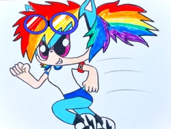 Size: 4032x3024 | Tagged: safe, artist:blue🐺wolf, rainbow dash, hedgehog, mobian, anthro, g4, buruma, clothes, female, goggles, gym uniform, japanese, running, shirt, shoes, short sleeves, simple background, solo, sonic the hedgehog (series), sonicified, species swap, sports panties, swimming goggles