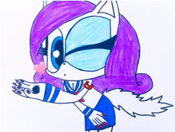 Size: 2500x1875 | Tagged: safe, artist:blue🐺wolf, rarity, cat, mobian, anthro, g4, blowing a kiss, catified, cleavage, clothes, female, japanese, long sleeves, raricat, sailor uniform, school uniform, simple background, skirt, solo, sonic the hedgehog (series), sonicified, species swap, traditional art
