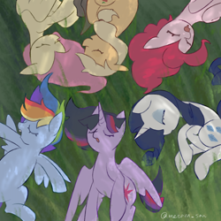 Size: 2560x2560 | Tagged: safe, artist:metaruscarlet, applejack, fluttershy, pinkie pie, rainbow dash, rarity, twilight sparkle, alicorn, earth pony, pegasus, pony, unicorn, g4, applejack's hat, cowboy hat, eyes closed, grass, hat, high res, mane six, nap, open mouth, sleeping, twilight sparkle (alicorn)