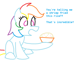 Size: 1000x800 | Tagged: safe, artist:purblehoers, rainbow dash, pegasus, pony, shrimp, g4, amazed, bowl, female, food, joke, mare, ms paint, open mouth, rice, simple background, sitting, solo, talking, text, white background, wingless, word play