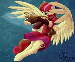 Size: 1876x1548 | Tagged: oc name needed, safe, artist:thatonegib, oc, oc only, pegasus, pony, action pose, clothes, commission, crossbow, dress, hat, multicolored hair, pegasus oc, shooting, solo, spread wings, squint, weapon, wings