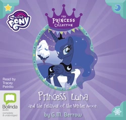 Size: 1594x1510 | Tagged: safe, princess luna, alicorn, pony, g4, my little pony princess collection, my little pony: princess luna and the festival of the winter moon, official, audiobook, audiobook cover, bunting, clothes, cover, female, folded wings, g.m. berrow, jewelry, mare, moon, my little pony logo, peytral, raised hoof, shoes, snow, snowflake, solo, stars, string lights, text, tiara, wings