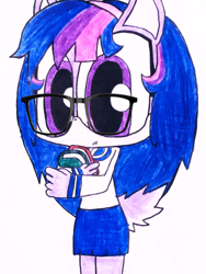 Size: 1875x2500 | Tagged: safe, artist:blue🐺wolf, twilight sparkle, mobian, wolf, anthro, g4, book, clothes, fangs, female, glasses, japanese, long sleeves, sailor uniform, school uniform, simple background, skirt, solo, sonic the hedgehog (series), sonicified, species swap, traditional art, twiwolf, uniform, wolfified