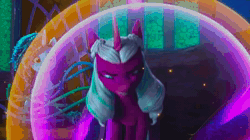Size: 1920x1074 | Tagged: safe, screencap, misty brightdawn, opaline arcana, alicorn, pony, unicorn, g5, missing the mark, my little pony: make your mark, my little pony: make your mark chapter 4, spoiler:g5, spoiler:my little pony: make your mark, spoiler:my little pony: make your mark chapter 4, spoiler:mymc04e07, angry, animated, bondage, bubble, female, in bubble, magic, magic bubble, mare, popping, slime, sound, stained glass, thats not good, throne, throne room, vine, vine bondage, we're all doomed, webm