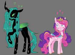 Size: 2048x1500 | Tagged: safe, artist:squilko, princess cadance, queen chrysalis, changeling, changeling queen, pegasus, pony, g4, alternate design, alternate universe, duo, female, gray background, heart, lesbian, pegasus cadance, ship:cadalis, shipping, simple background