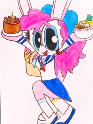 Size: 3024x4032 | Tagged: safe, artist:blue🐺wolf, pinkie pie, mobian, rabbit, anthro, g4, animal, baguette, basket, bread, breasts, bunnified, bunny pie, cake, cleavage, clothes, female, food, japanese, noodles, ramen, sailor uniform, school uniform, simple background, skirt, solo, sonic the hedgehog (series), sonicified, species swap, traditional art, uniform, uwabaki