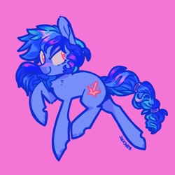 Size: 2245x2246 | Tagged: safe, artist:pastacrylic, oc, oc only, oc:spark bug, earth pony, pony, chest fluff, hair tie, high res, pink background, simple background, smiling, solo