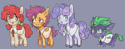 Size: 2048x803 | Tagged: safe, artist:squilko, apple bloom, scootaloo, spike, sweetie belle, dragon, earth pony, pegasus, pony, unicorn, g4, alternate design, alternate universe, cutie mark crusaders, gray background, group, quadrupedal, quadrupedal spike, quartet, redesign, simple background