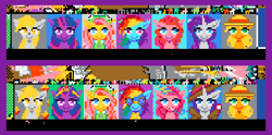 Size: 468x232 | Tagged: safe, editor:torpy, applejack, derpy hooves, fluttershy, pinkie pie, rainbow dash, rarity, twilight sparkle, antonymph, cutiemarks (and the things that bind us), vylet pony, g4, among us, clothes, detective rarity, fluttgirshy, gir, hat, invader zim, july fools, mane six, party hat, pixel art, r/place, r/place2023, reddit, rplace, uniform, when you see it, wonderbolts uniform