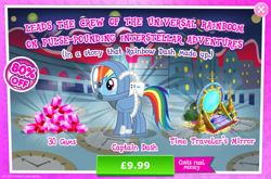 Size: 1964x1300 | Tagged: safe, gameloft, rainbow dash, pegasus, pony, g4, my little pony: magic princess, official, advertisement, bush, costs real money, english, female, gem, introduction card, mare, mirror portal, mobile game, numbers, sale, solo, spacesuit, text