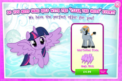 Size: 1965x1298 | Tagged: safe, gameloft, idw, twilight sparkle, alicorn, earth pony, pony, g4, my little pony: magic princess, official, advertisement, clear the skies, costs real money, ear piercing, earring, english, female, flying, gold tooth, hat, horn, idw showified, jewelry, magic bolt, male, mare, mobile game, numbers, piercing, spread wings, stallion, text, twilight sparkle (alicorn), unnamed character, unnamed pony, unshorn fetlocks, wings