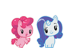 Size: 555x360 | Tagged: safe, pinkie pie, rarity, earth pony, pony, unicorn, g4, official, closed mouth, cutie mark crew, duo, duo female, eyebrows, female, mare, open mouth, open smile, raised eyebrow, rearing, simple background, smiling, standing, toy, transparent background