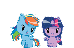 Size: 555x360 | Tagged: safe, rainbow dash, twilight sparkle, alicorn, pegasus, pony, g4, official, cutie mark crew, duo, duo female, eyes open, female, front facing, mare, open mouth, open smile, raised hoof, simple background, smiling, spread wings, toy, transparent background, twilight sparkle (alicorn), underhoof, wings