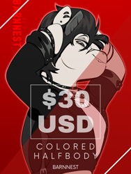Size: 1728x2304 | Tagged: safe, artist:barnnest, oc, bat pony, pony, advertisement, belt, black hair, brown eyes, collar, commission, commission info, fangs, gray coat, half body, piercing, price tag, prices, punk, red background, rocker, simple background, solo, wings