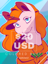 Size: 1728x2304 | Tagged: safe, artist:barnnest, oc, oc:chalfeur lumrise, pony, unicorn, advertisement, bust, cloud, commission, commission info, cracked horn, cyan eyes, freckles, hill, horn, jewelry, orange mane, pink coat, price tag, prices, red ears, smiling, solo