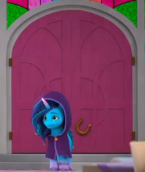 Size: 606x723 | Tagged: safe, screencap, misty brightdawn, pony, unicorn, g5, missing the mark, my little pony: make your mark, my little pony: make your mark chapter 4, spoiler:g5, cloak, clothes, cropped, door, female, mare, solo