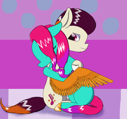 Size: 1700x1600 | Tagged: safe, artist:php176, derpibooru exclusive, jazz hooves, rocky riff, earth pony, pegasus, pony, g5, duo, duo male and female, ears back, eyes closed, female, hoof polish, hug, looking at someone, male, mane melody (location), mare, open mouth, sitting, smiling, spread wings, stallion, winghug, wings